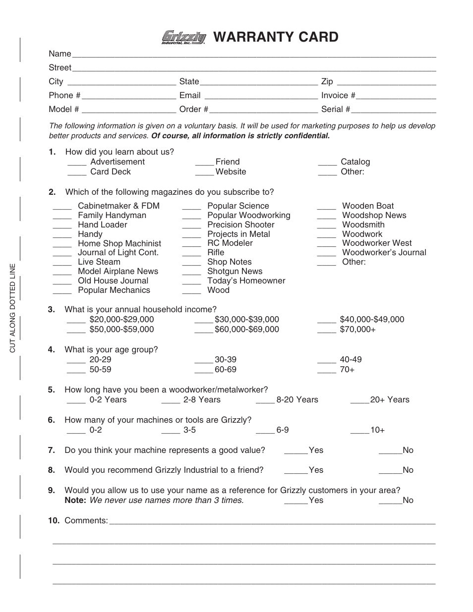 Warranty card | Grizzly G0695 User Manual | Page 57 / 60