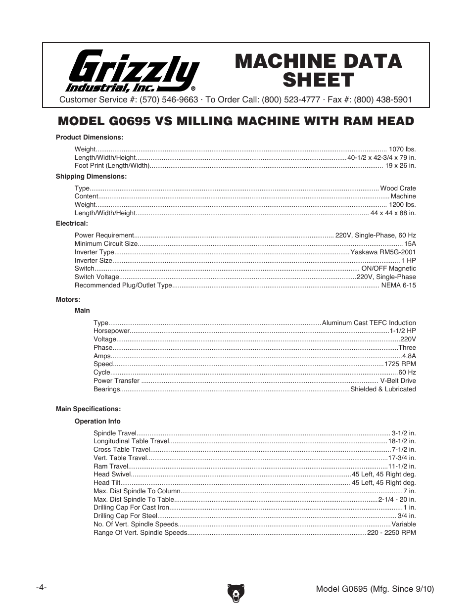 Machine data sheet, Model g0695 vs milling machine with ram head | Grizzly G0695 User Manual | Page 6 / 60
