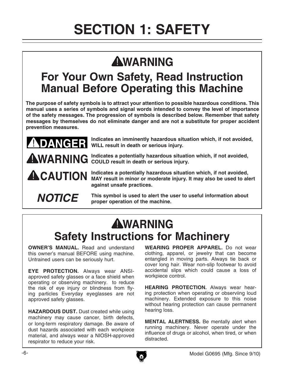 Notice, Safety instructions for machinery | Grizzly G0695 User Manual | Page 8 / 60