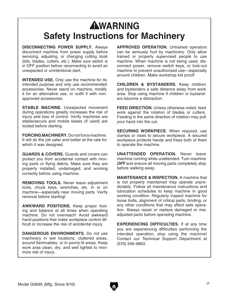 Safety instructions for machinery | Grizzly G0695 User Manual | Page 9 / 60