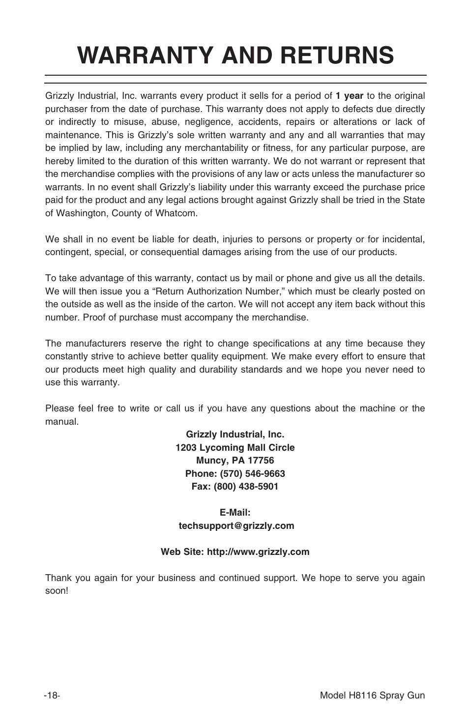 Warranty and returns | Grizzly H8116 User Manual | Page 18 / 20