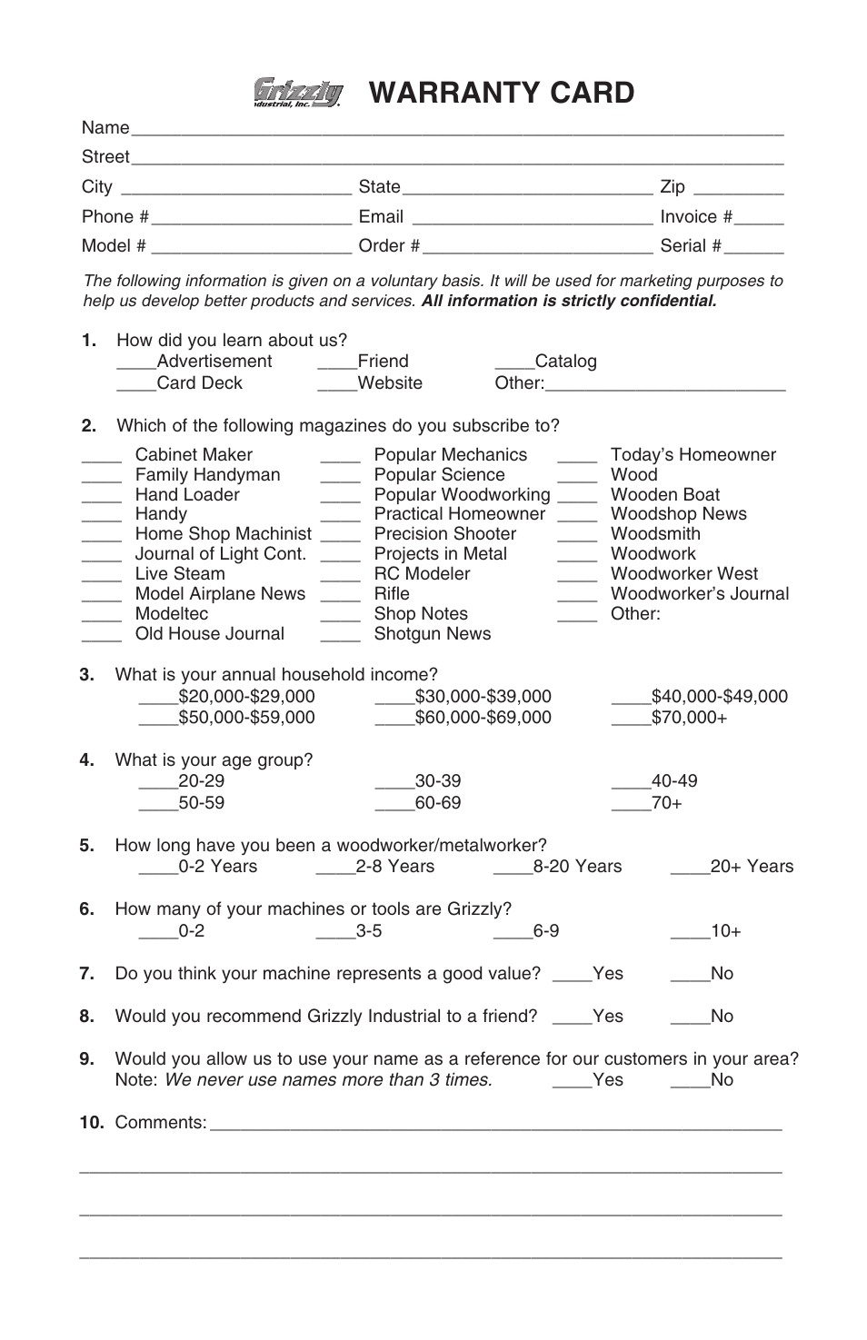 Warranty card | Grizzly H8116 User Manual | Page 19 / 20