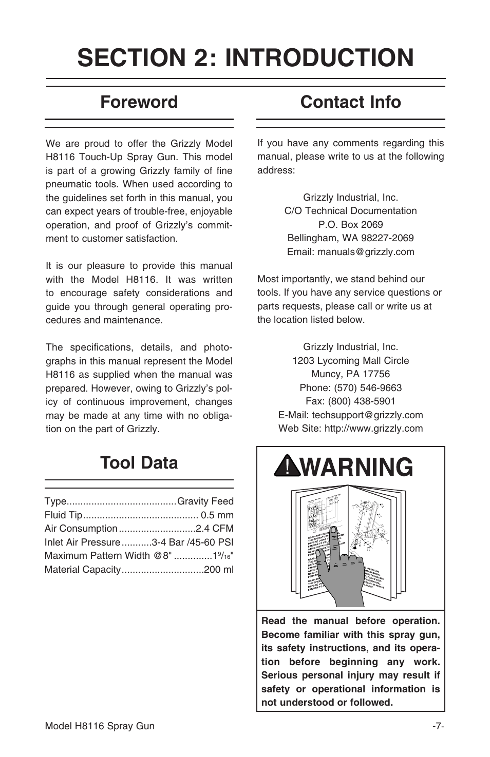 Foreword contact info tool data | Grizzly H8116 User Manual | Page 7 / 20