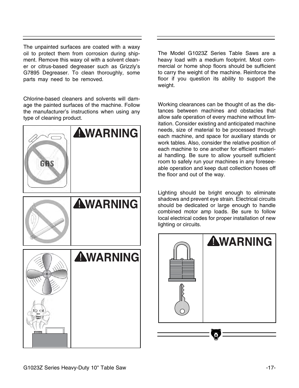 Clean up site considerations | Grizzly Heavy-Duty Table G1023Z User Manual | Page 19 / 63