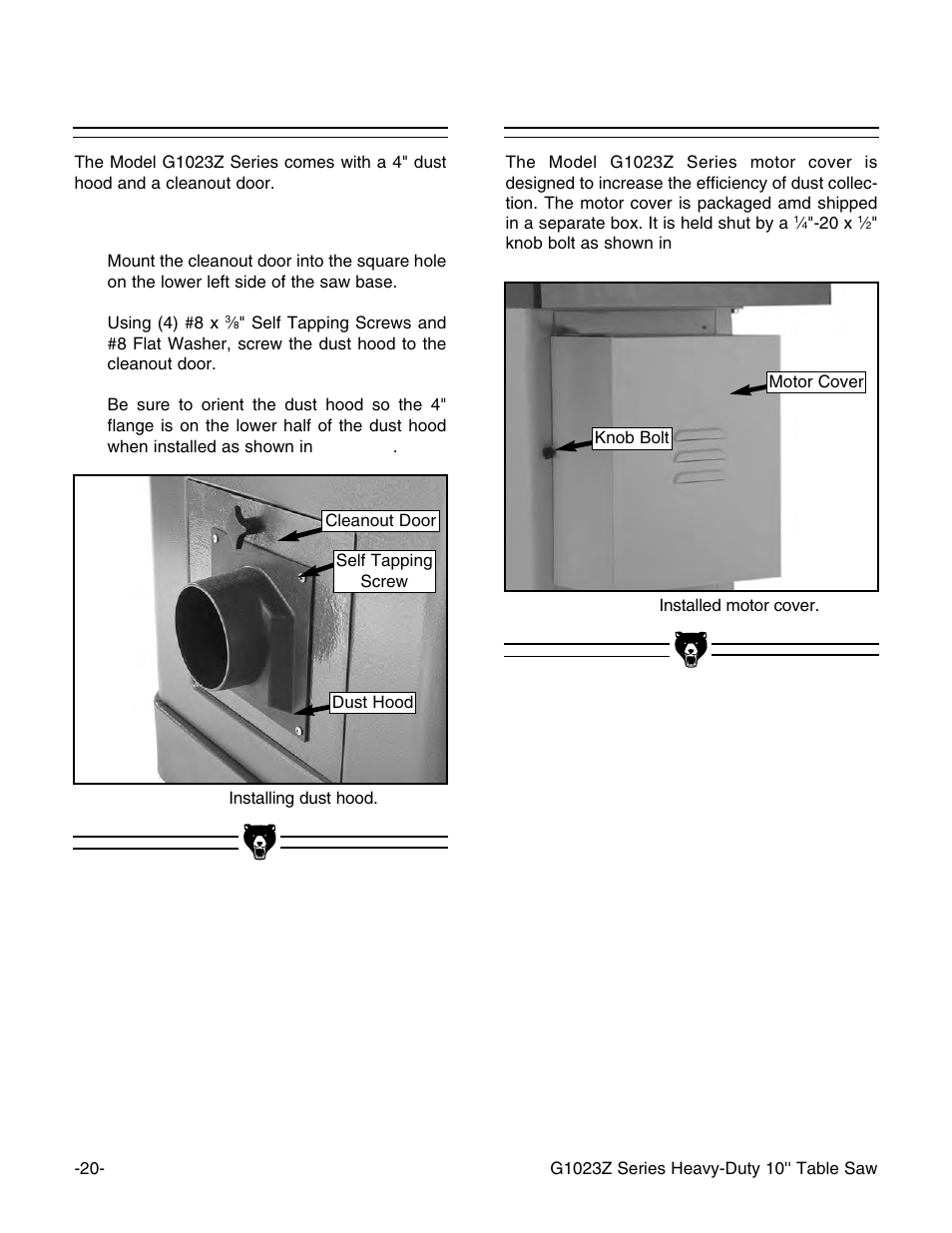 Dust hood, Motor cover | Grizzly Heavy-Duty Table G1023Z User Manual | Page 22 / 63