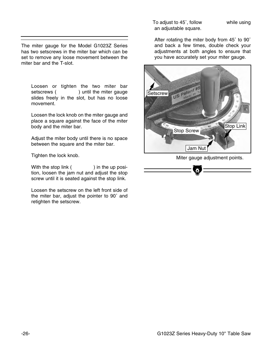 Miter gauge | Grizzly Heavy-Duty Table G1023Z User Manual | Page 28 / 63