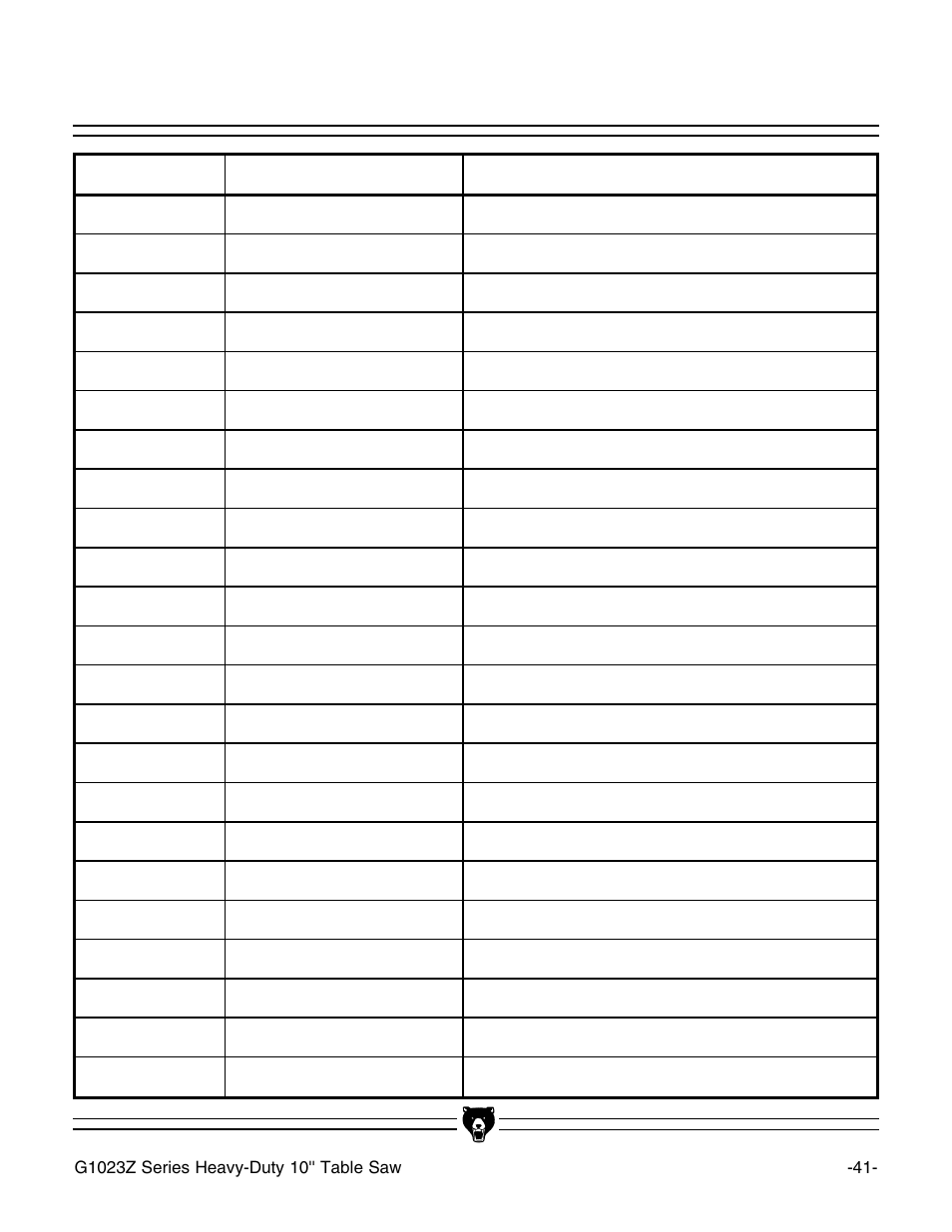 Maintenance log | Grizzly Heavy-Duty Table G1023Z User Manual | Page 43 / 63