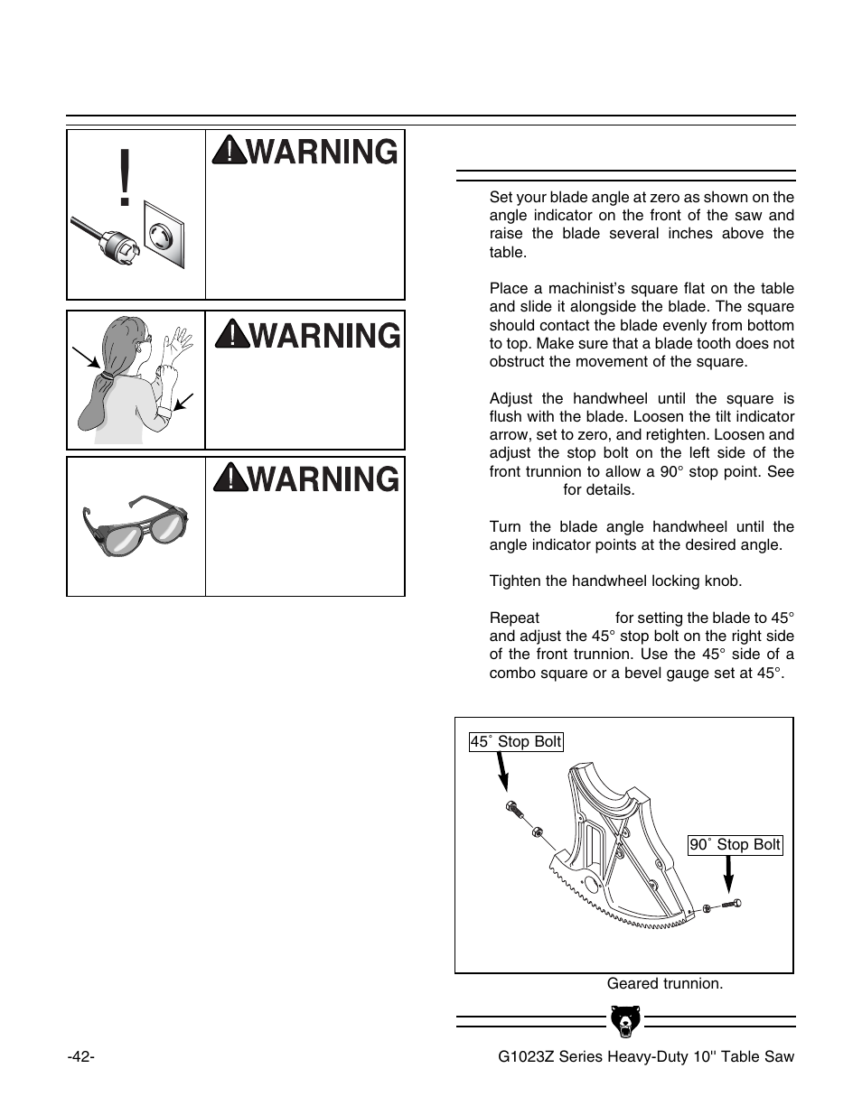 45˚ & 90˚ stops | Grizzly Heavy-Duty Table G1023Z User Manual | Page 44 / 63