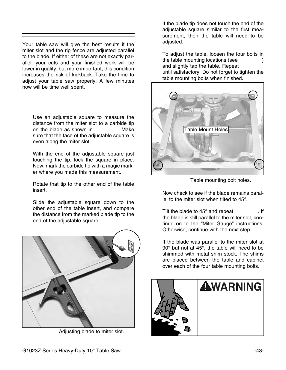 Blade parallelism | Grizzly Heavy-Duty Table G1023Z User Manual | Page 45 / 63