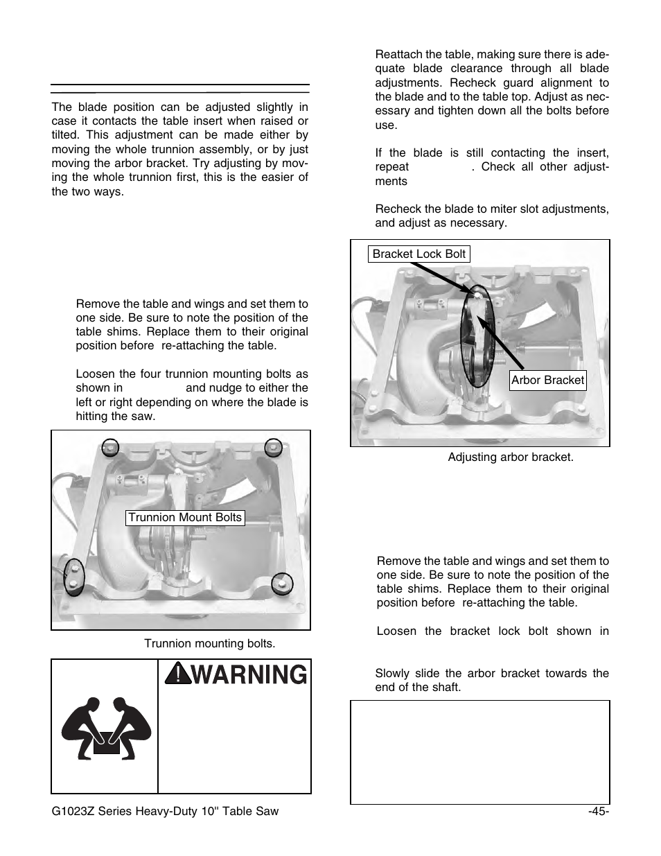 Blade alignment, Notice | Grizzly Heavy-Duty Table G1023Z User Manual | Page 47 / 63