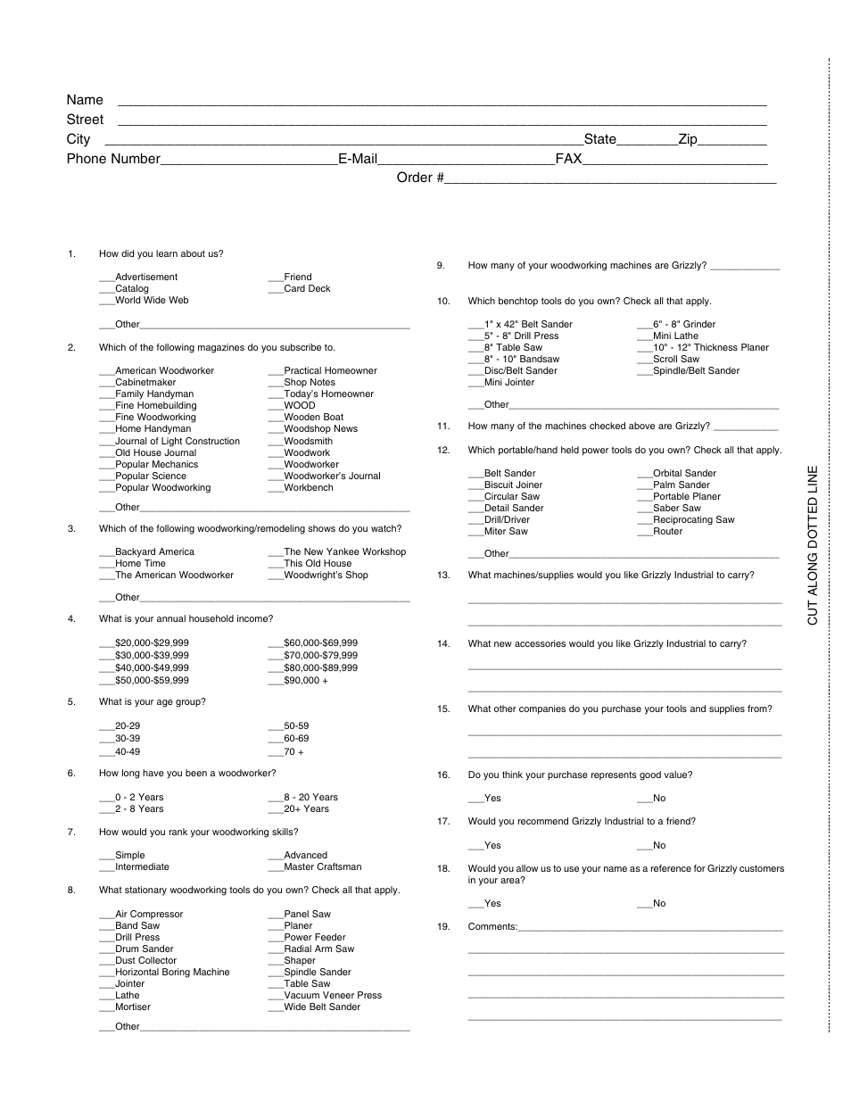 Warranty card, Cut along dotted line | Grizzly Heavy-Duty Table G1023Z User Manual | Page 61 / 63