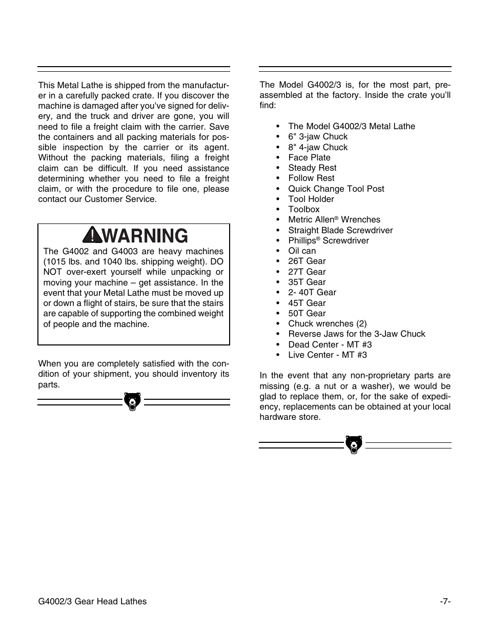 Unpacking, Piece inventory | Grizzly G4003 User Manual | Page 10 / 55