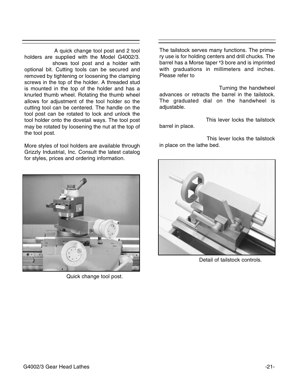 Tailstock controls tool post and holder | Grizzly G4003 User Manual | Page 24 / 55