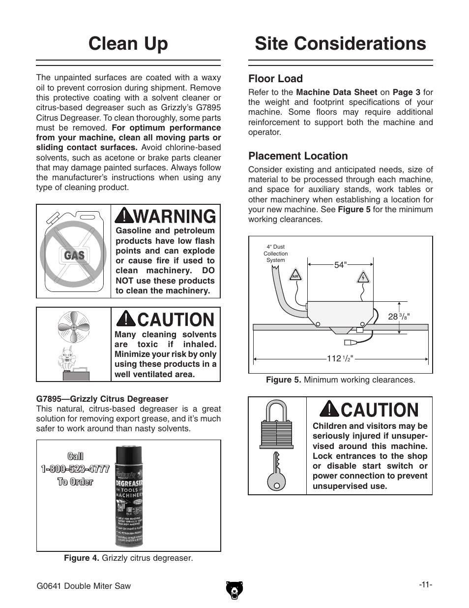 Site considerations clean up, Floor load, Placement location | Grizzly G0641 User Manual | Page 13 / 56