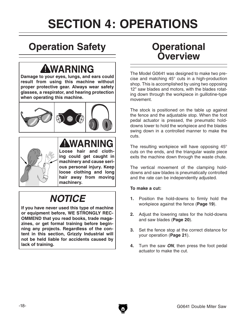 Operation safety, Notice, Operational overview | Grizzly G0641 User Manual | Page 20 / 56