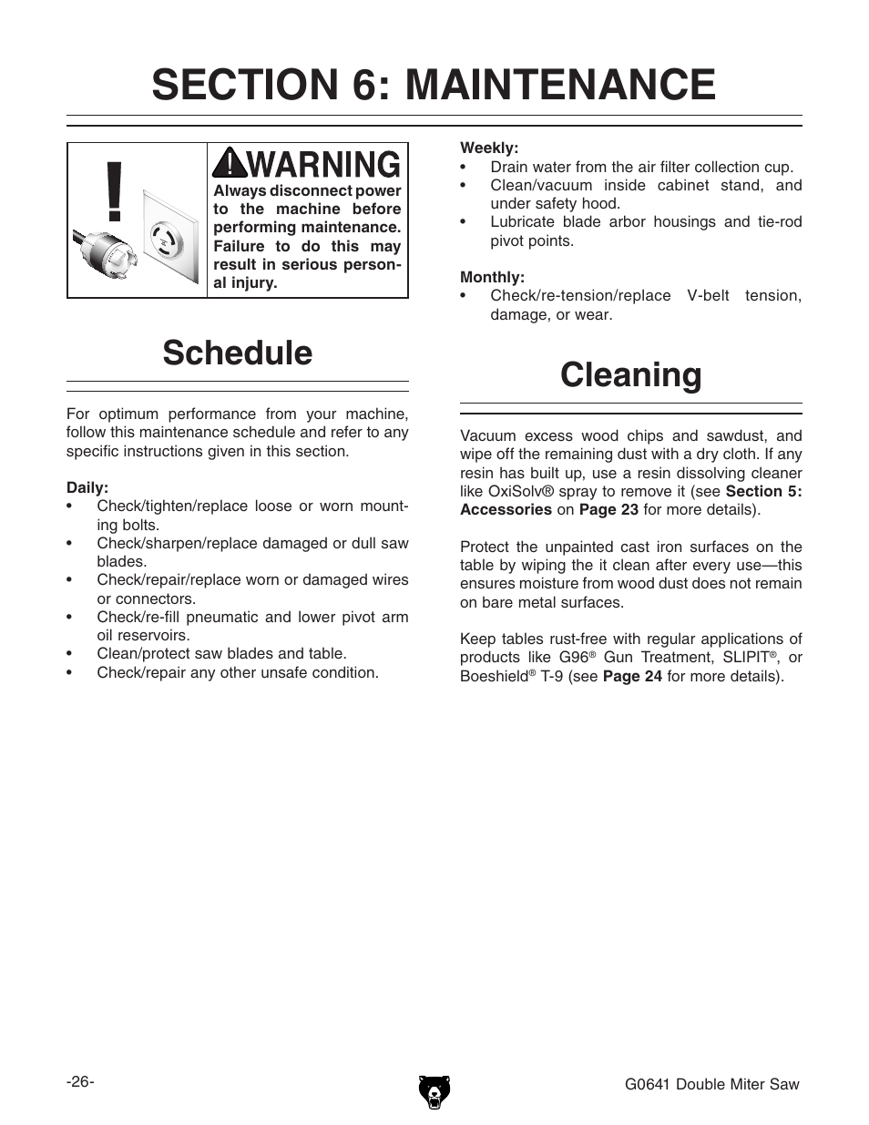 Schedule, Cleaning | Grizzly G0641 User Manual | Page 28 / 56