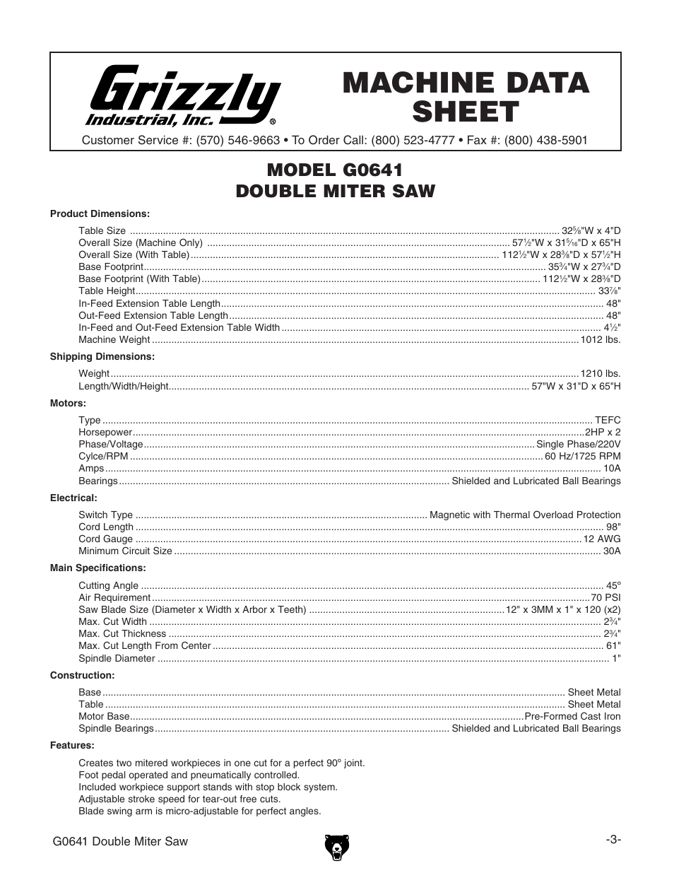 Machine data sheet | Grizzly G0641 User Manual | Page 5 / 56