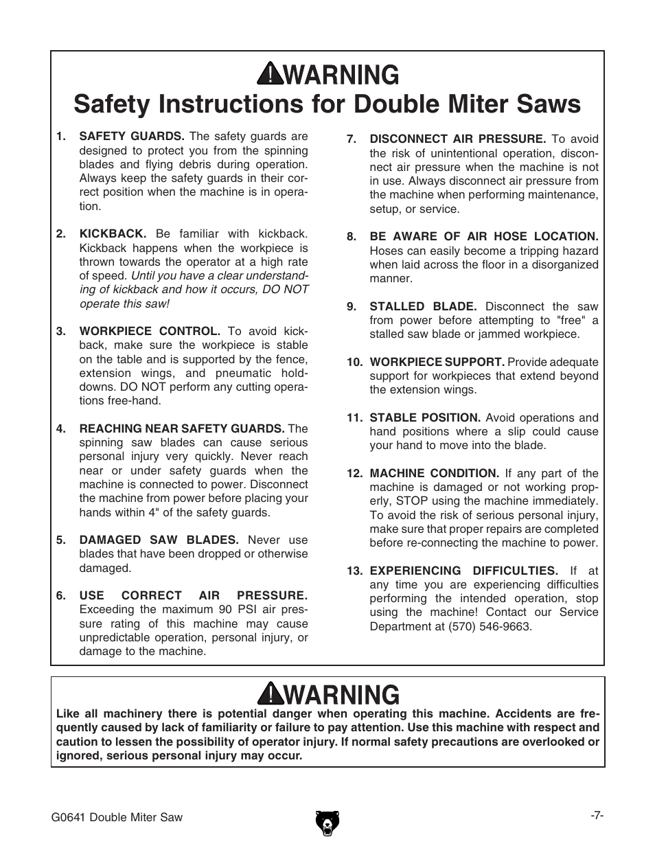 Safety instructions for double miter saws | Grizzly G0641 User Manual | Page 9 / 56