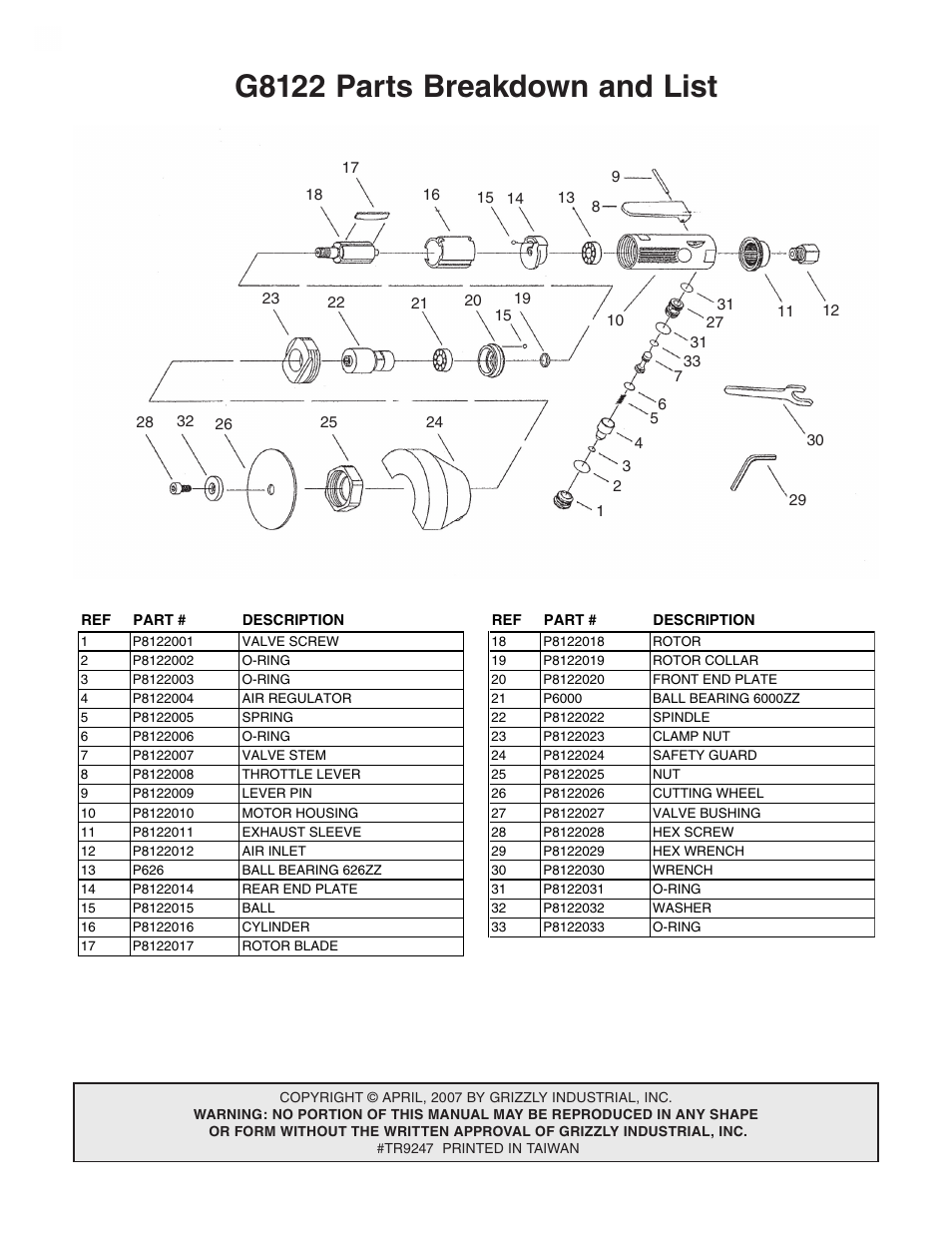 G8122 parts breakdown and list | Grizzly Air Cut-Off G8122 User Manual | Page 2 / 2