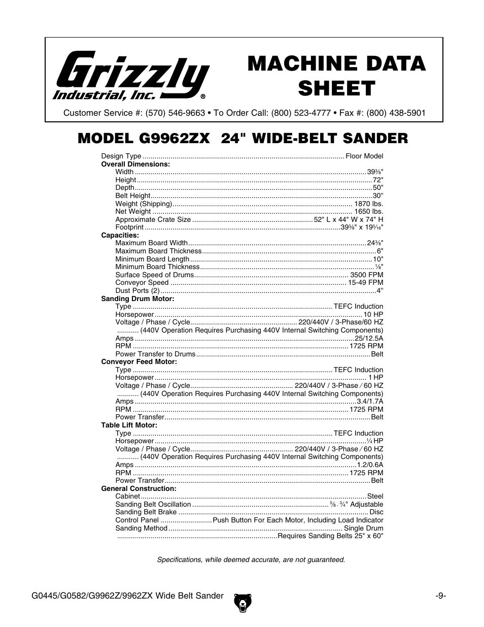 Machine data sheet (g9962zx) | Grizzly G9962Z User Manual | Page 11 / 80