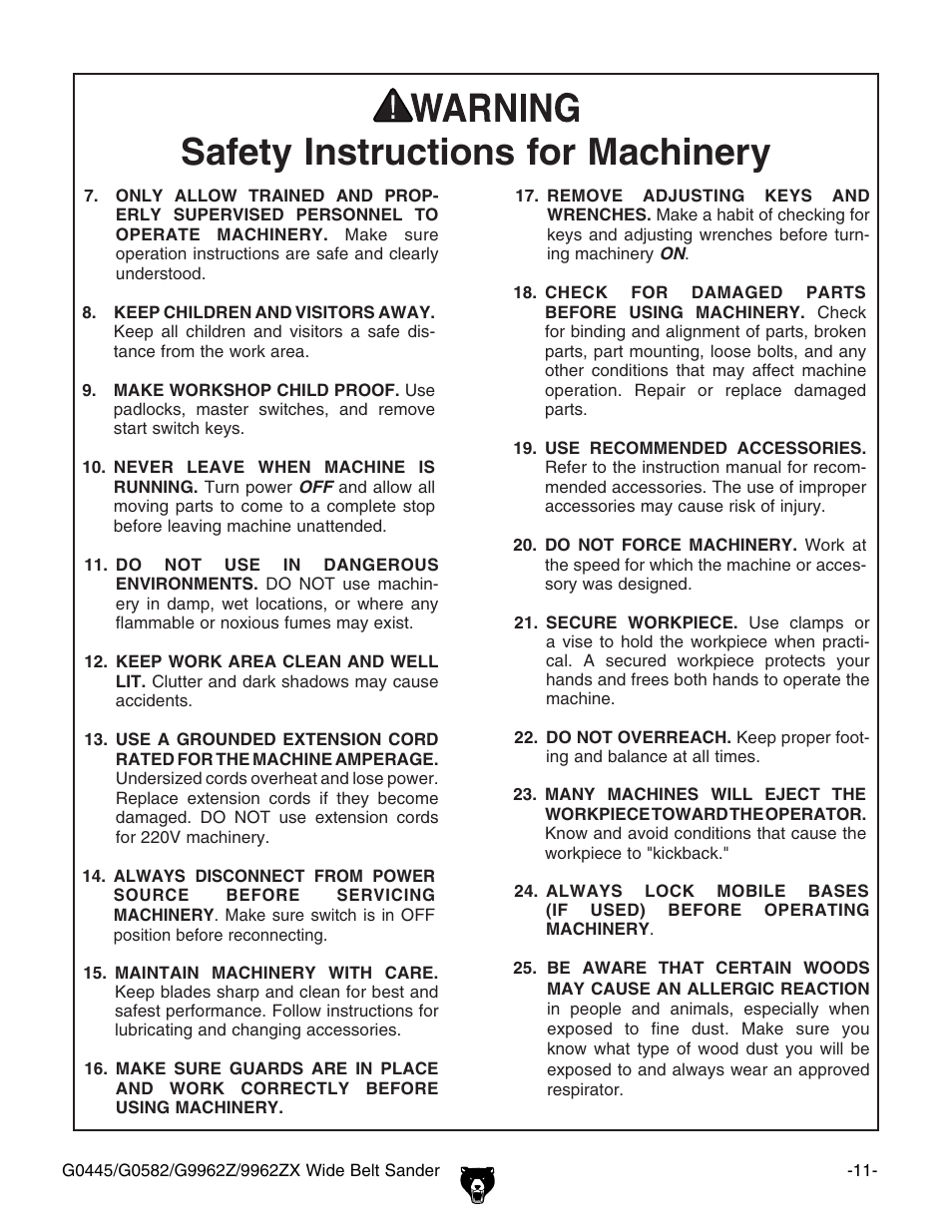 Safety instructions for machinery | Grizzly G9962Z User Manual | Page 13 / 80