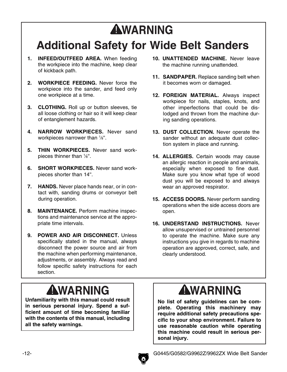 Additional safety for wide belt sanders | Grizzly G9962Z User Manual | Page 14 / 80