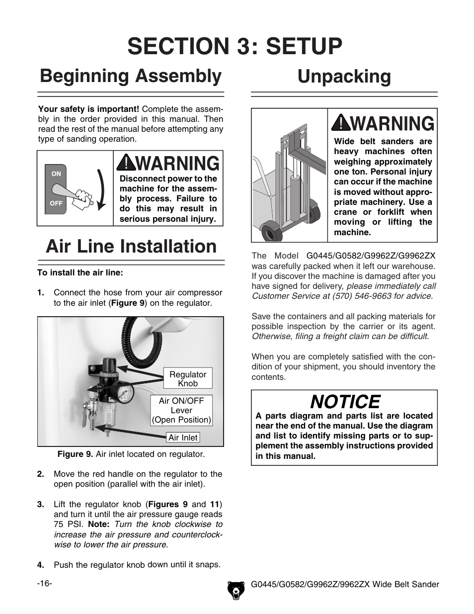 Beginning assembly, Air line installation, Unpacking | Notice | Grizzly G9962Z User Manual | Page 18 / 80
