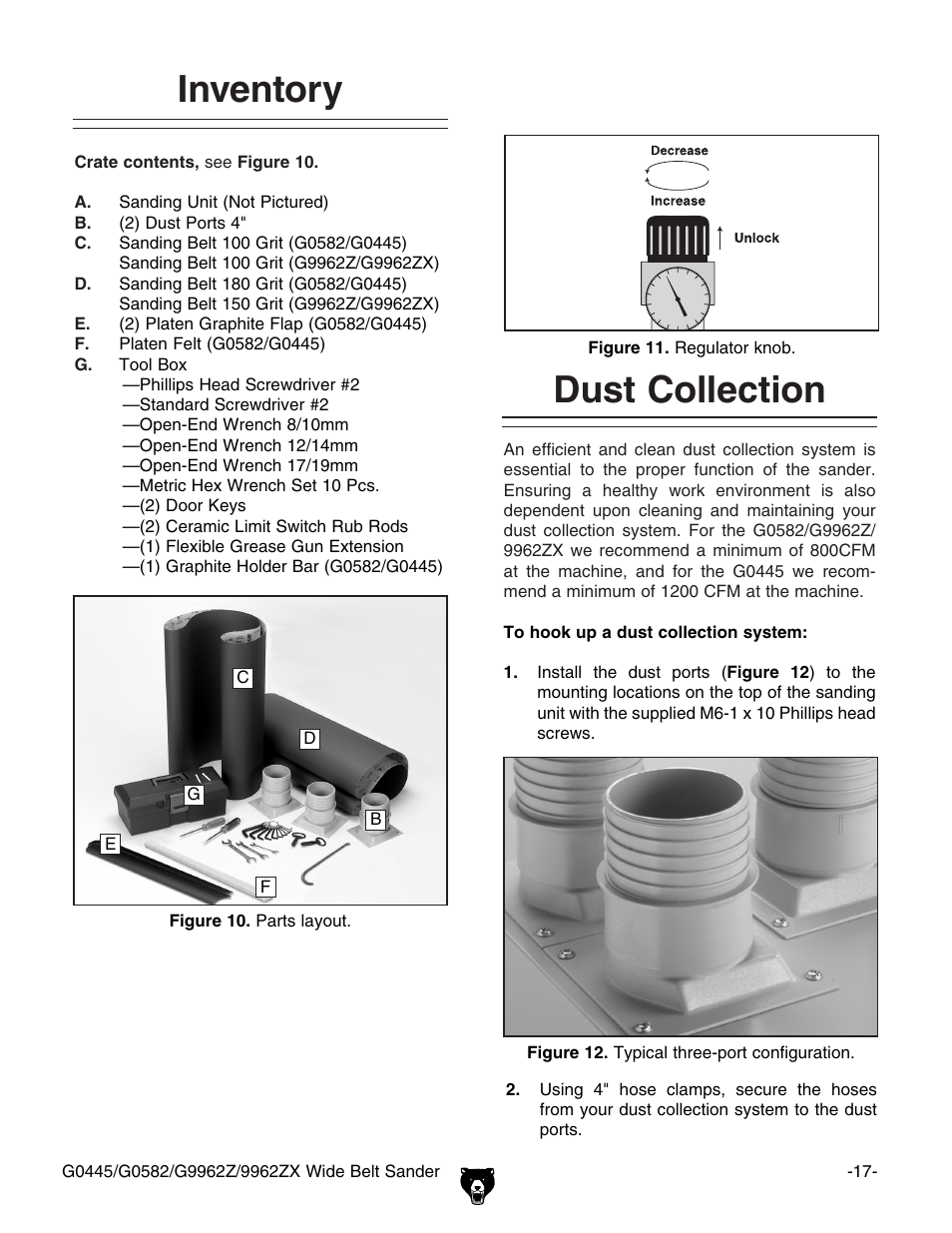 Dust collection, Inventory | Grizzly G9962Z User Manual | Page 19 / 80