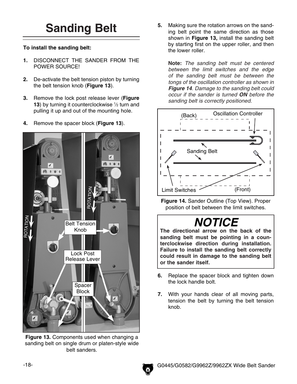 Sanding belt, Notice | Grizzly G9962Z User Manual | Page 20 / 80