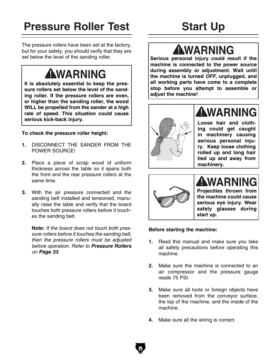 Pressure roller test, Start up | Grizzly G9962Z User Manual | Page 21 / 80