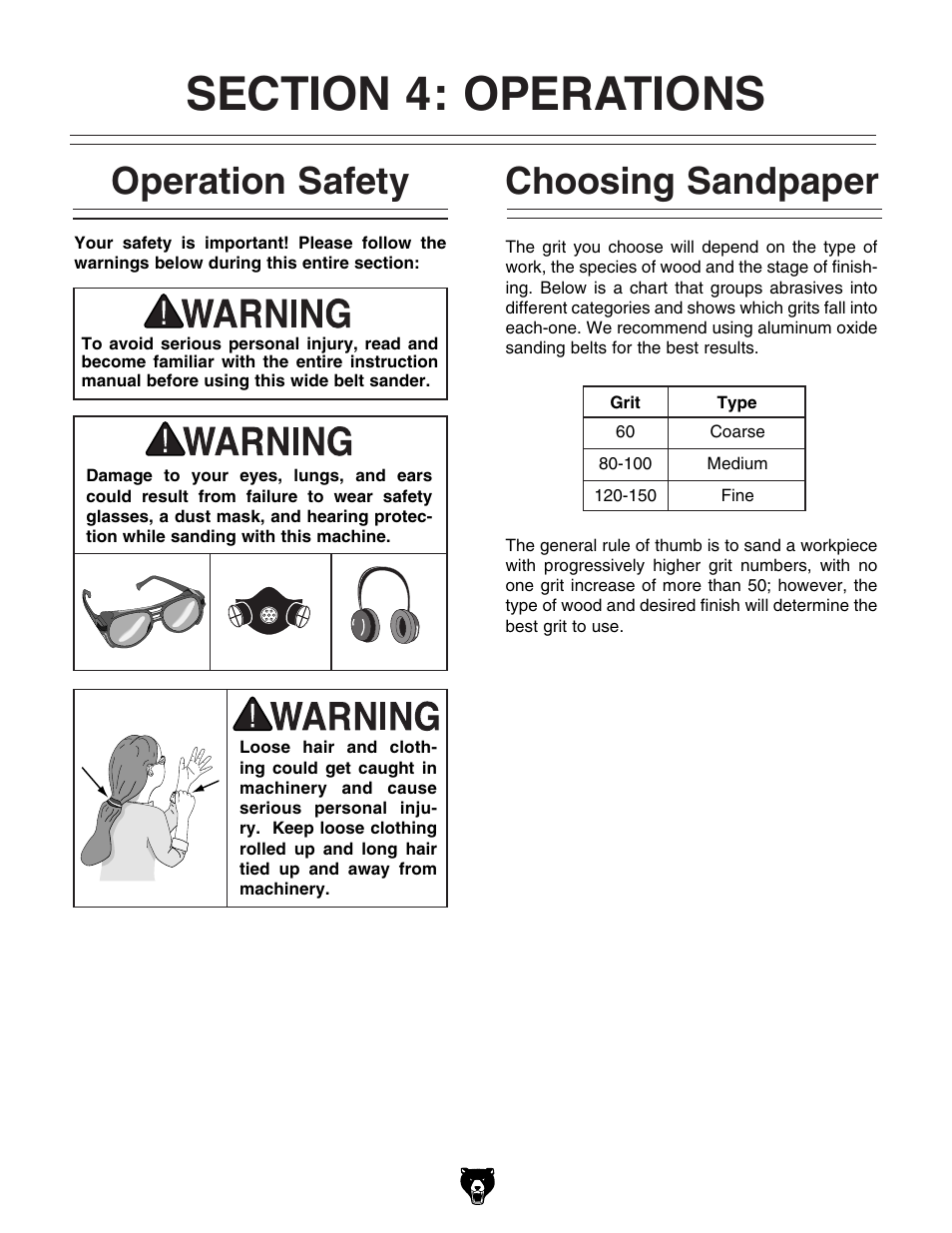Choosing sandpaper operation safety | Grizzly G9962Z User Manual | Page 23 / 80
