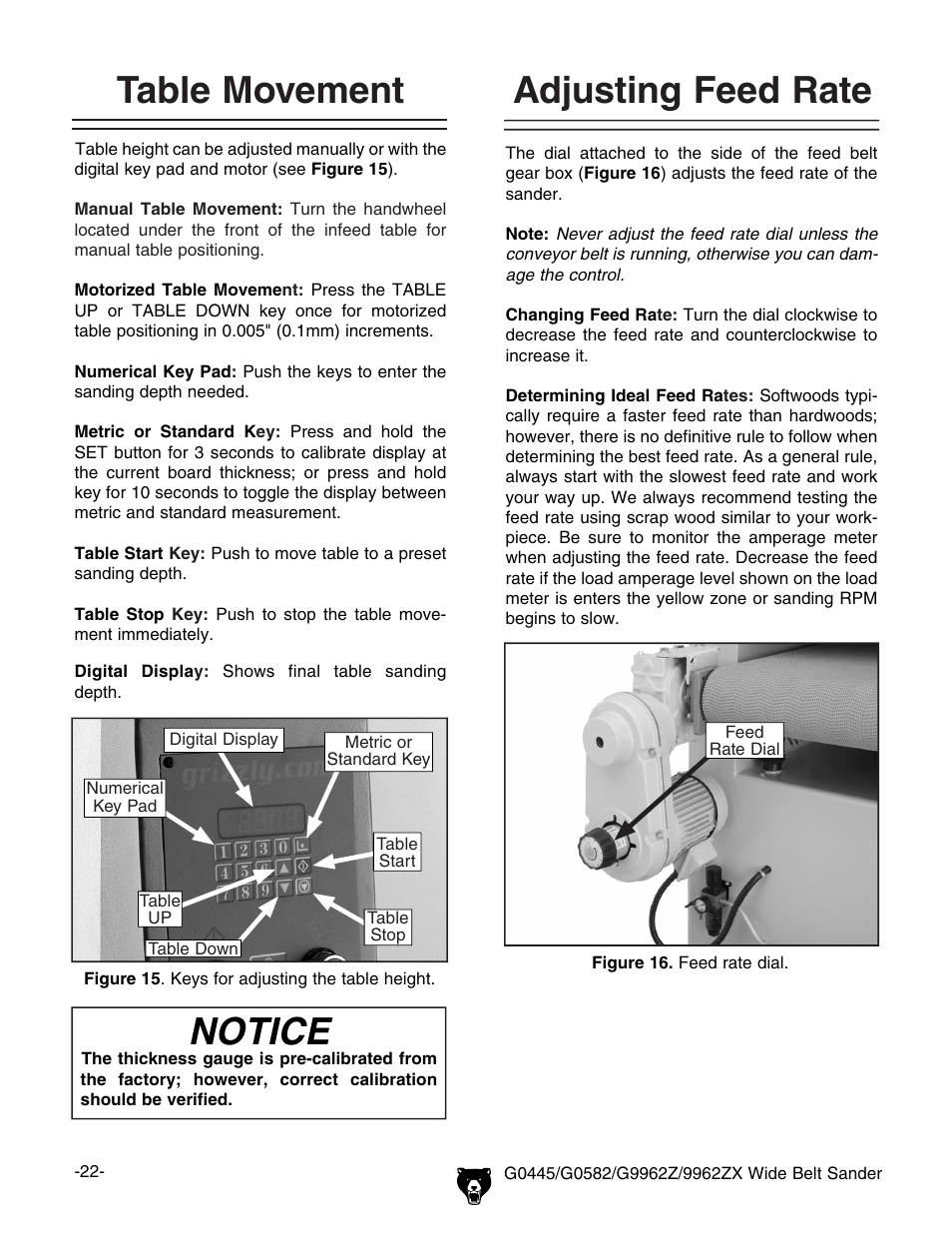 Table movement, Adjusting feed rate, Notice | Grizzly G9962Z User Manual | Page 24 / 80