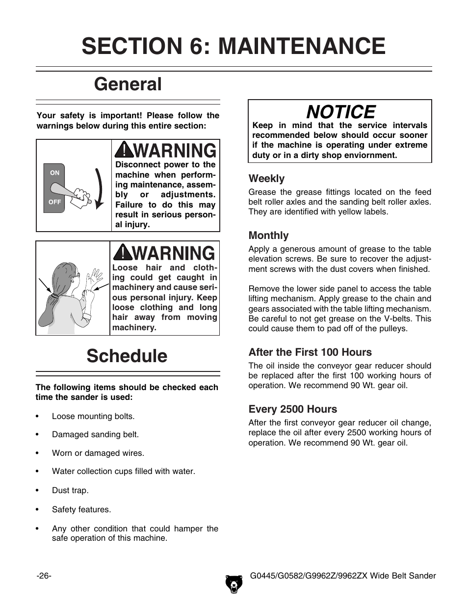 General, Schedule, Notice | Grizzly G9962Z User Manual | Page 28 / 80