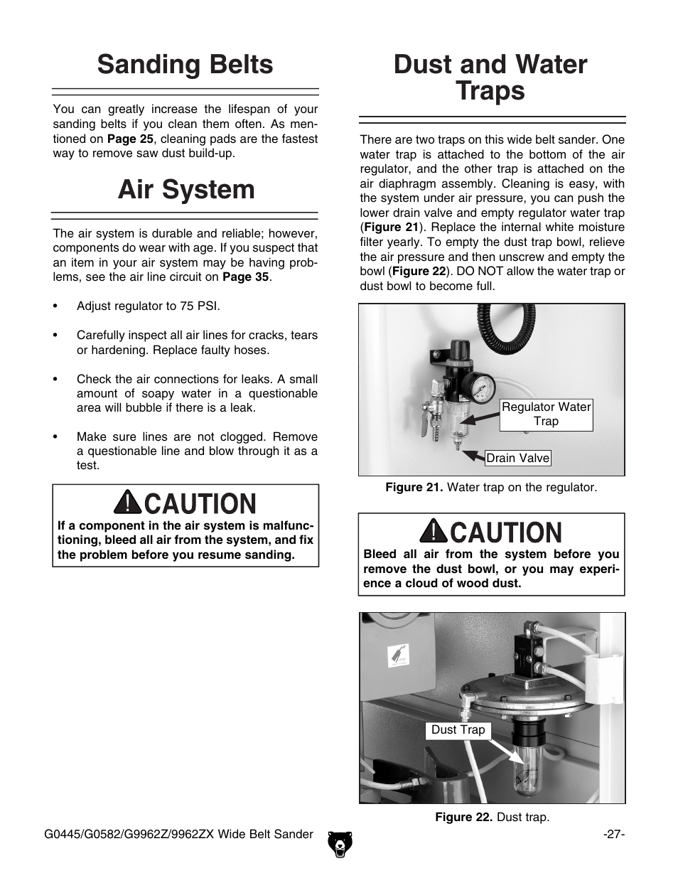 Dust and water traps, Sanding belts, Air system | Grizzly G9962Z User Manual | Page 29 / 80