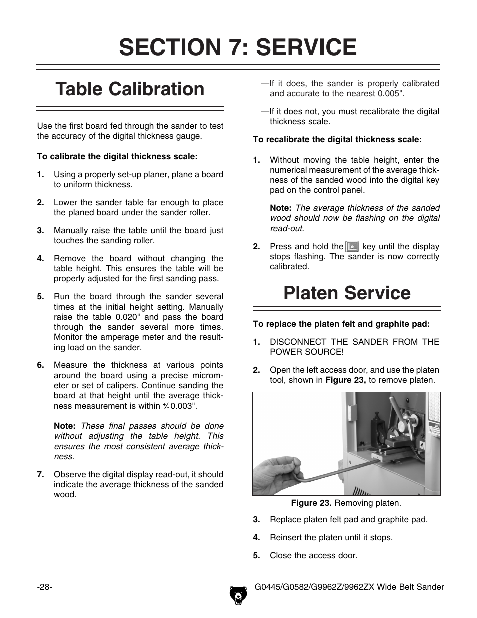 Table calibration, Platen service | Grizzly G9962Z User Manual | Page 30 / 80