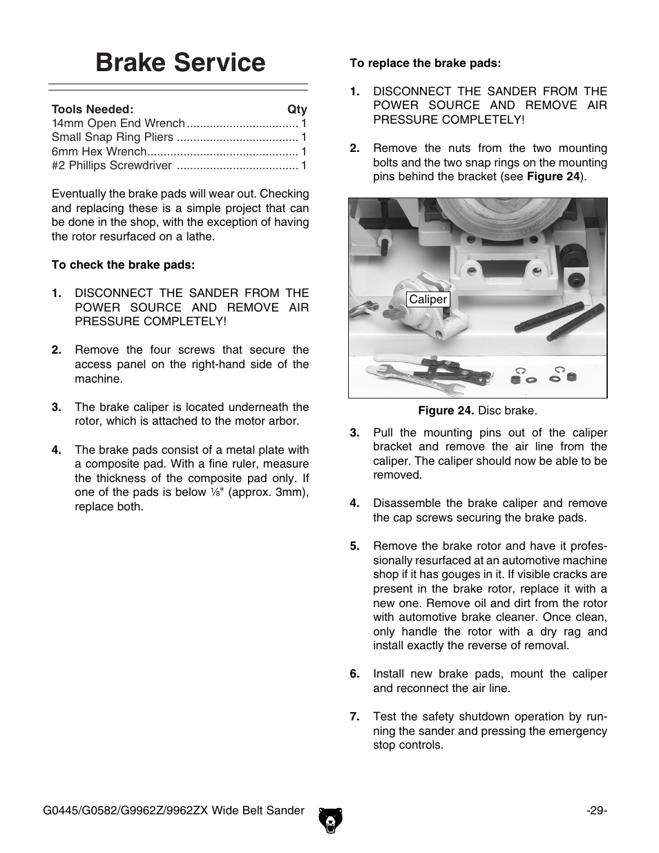 Brake service | Grizzly G9962Z User Manual | Page 31 / 80