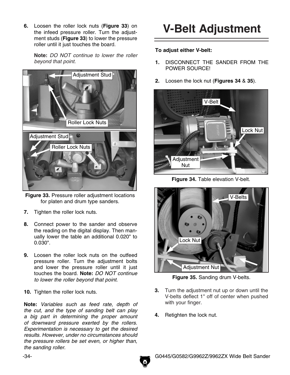 V-belt adjustment | Grizzly G9962Z User Manual | Page 36 / 80