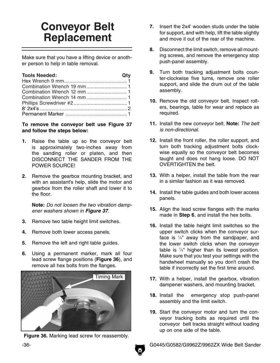 Conveyor belt replacement | Grizzly G9962Z User Manual | Page 38 / 80