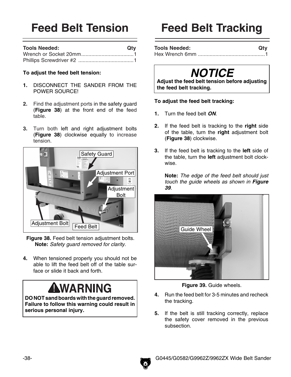 Notice, Feed belt tension feed belt tracking | Grizzly G9962Z User Manual | Page 40 / 80