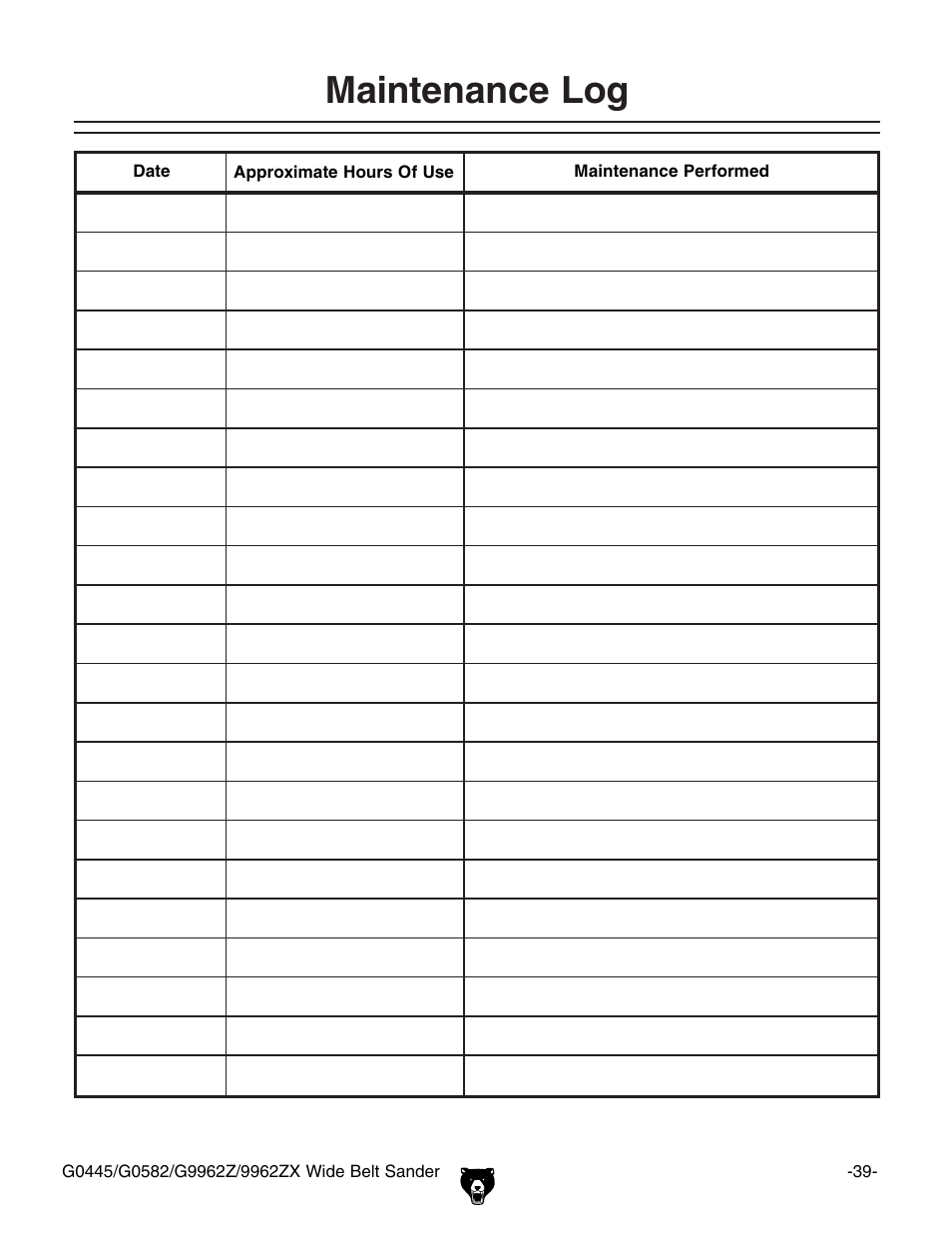 Maintenance log | Grizzly G9962Z User Manual | Page 41 / 80