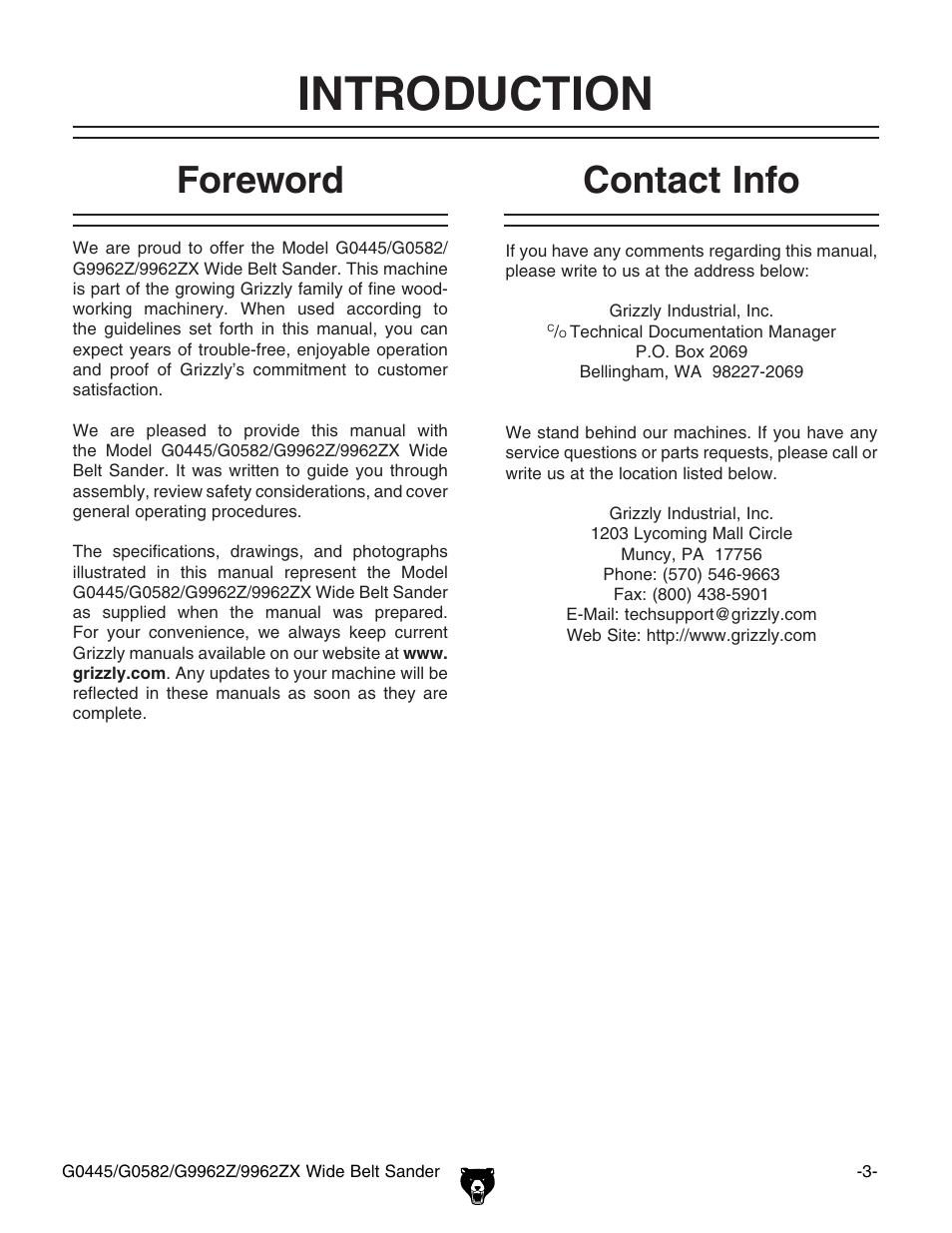 Introduction, Foreword, Contact info | Grizzly G9962Z User Manual | Page 5 / 80
