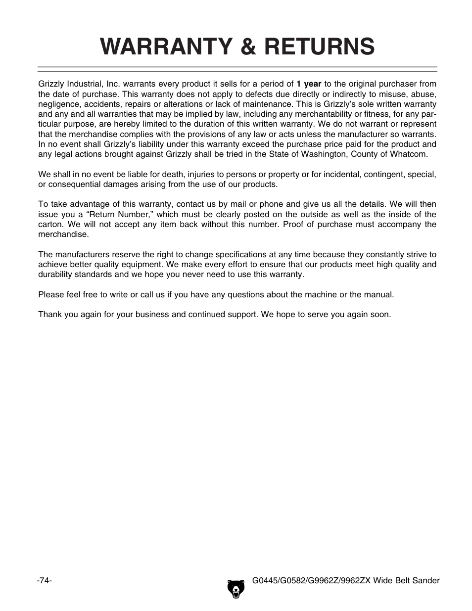 Warranty & returns | Grizzly G9962Z User Manual | Page 76 / 80