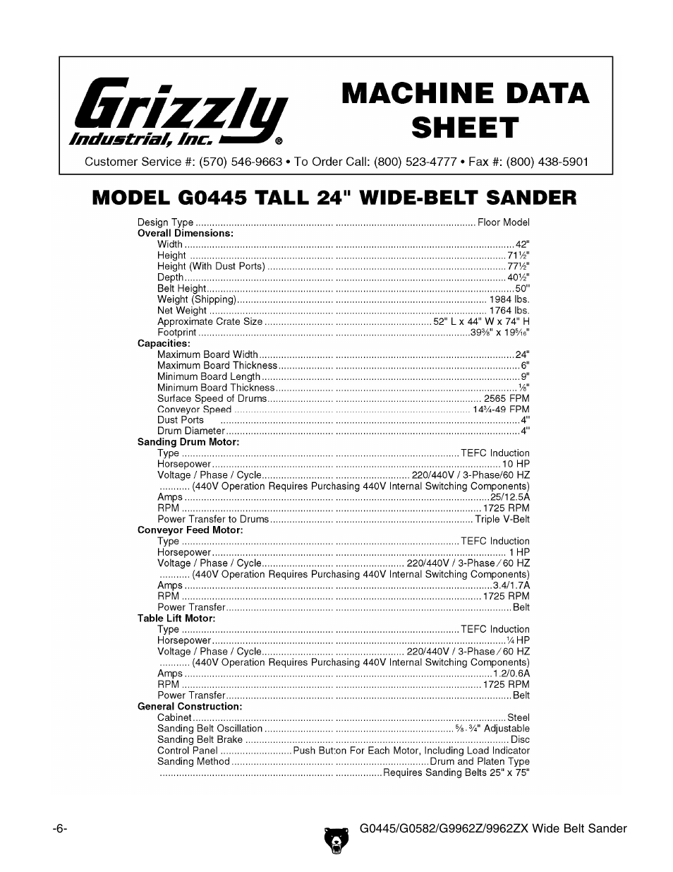 Machine data sheet (g0445) | Grizzly G9962Z User Manual | Page 8 / 80