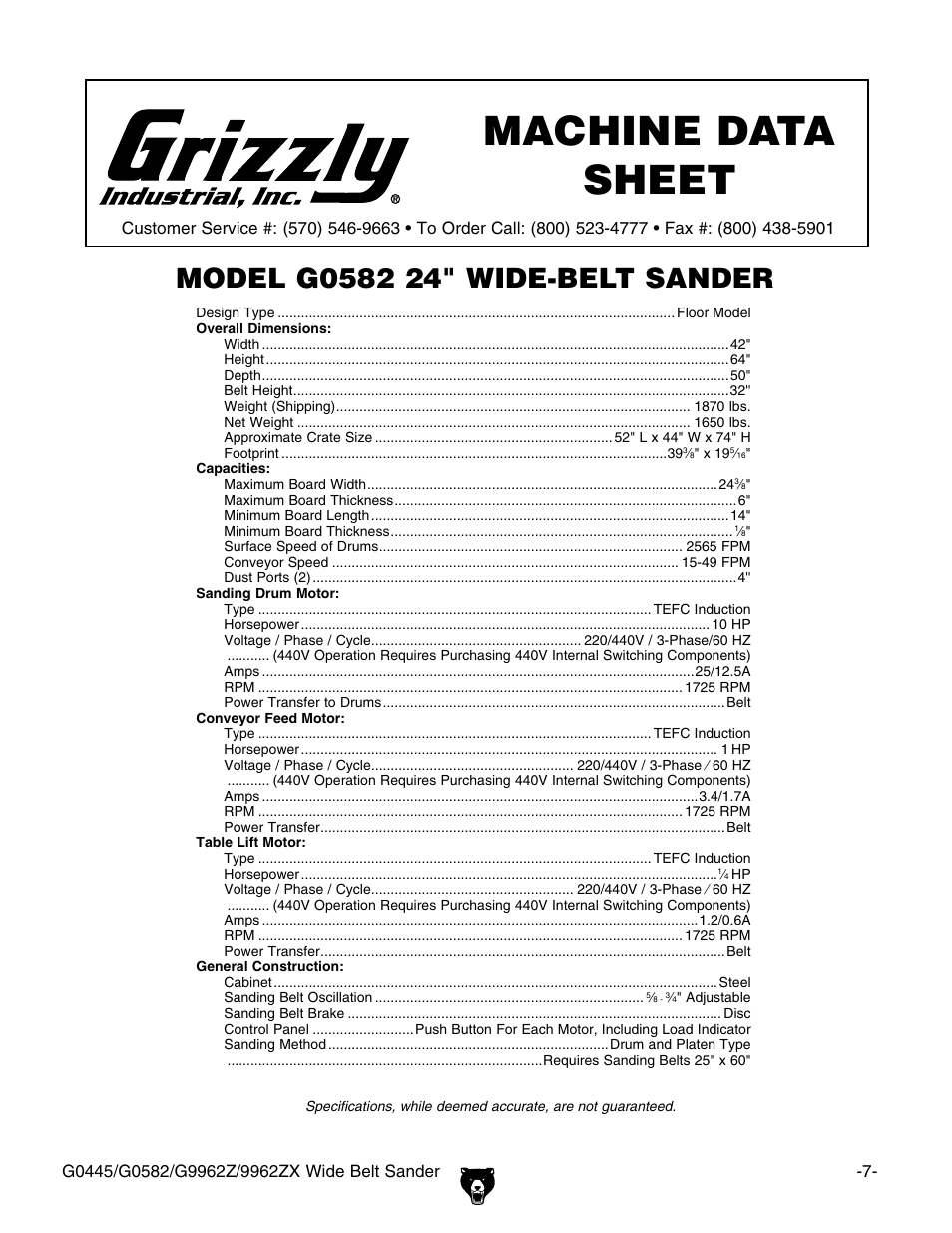 Machine data sheet (g0582) | Grizzly G9962Z User Manual | Page 9 / 80