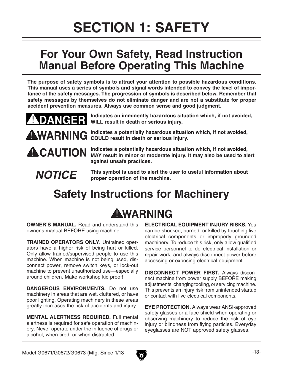 Notice safety instructions for machinery | Grizzly G0671 User Manual | Page 15 / 56