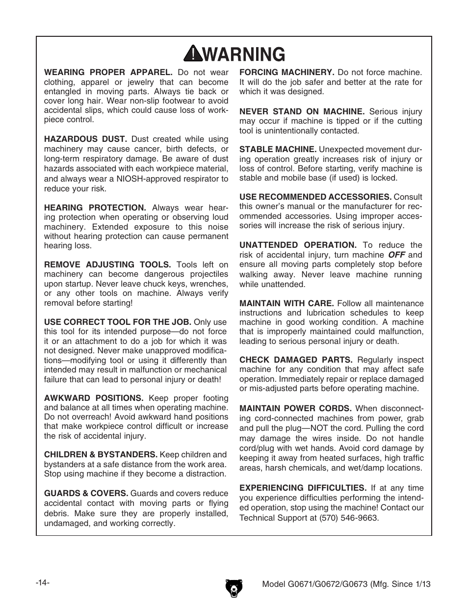 Grizzly G0671 User Manual | Page 16 / 56