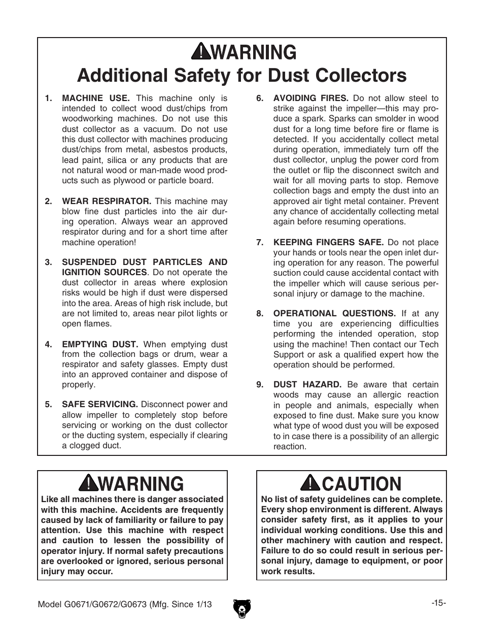 Additional safety for dust collectors | Grizzly G0671 User Manual | Page 17 / 56