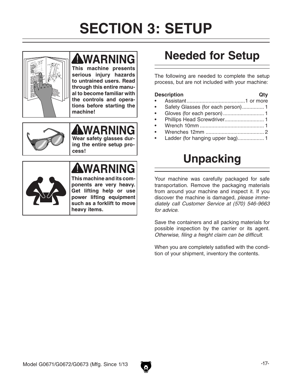 Needed for setup, Unpacking | Grizzly G0671 User Manual | Page 19 / 56