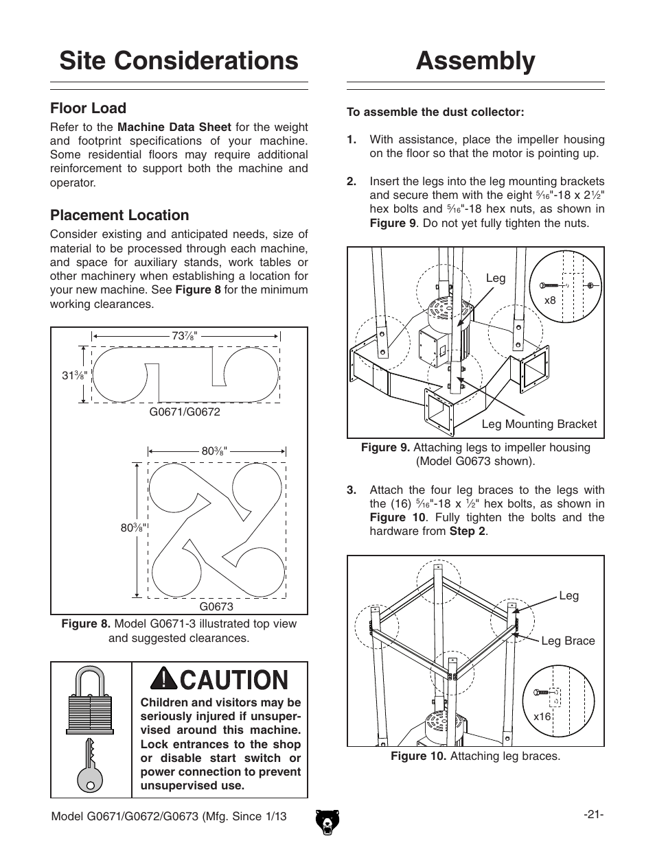 Site considerations, Assembly, Floor load | Placement location | Grizzly G0671 User Manual | Page 23 / 56