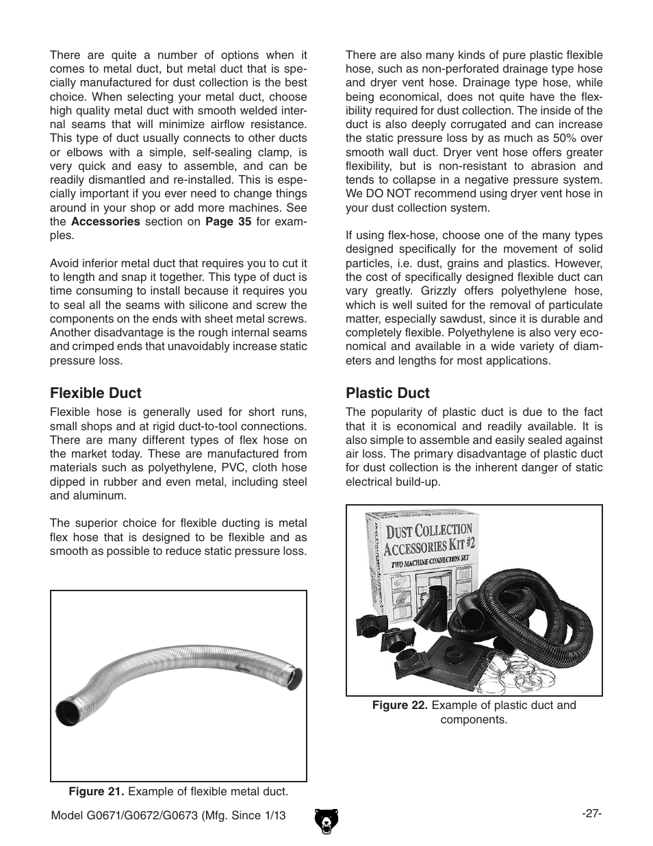 Flexible duct, Plastic duct | Grizzly G0671 User Manual | Page 29 / 56